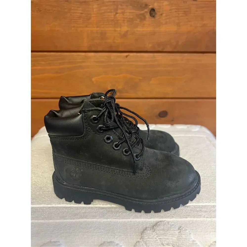 Timberland Boys Black Leather 6 Inch Premium  Boots Sz 10 T  12807